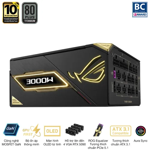 Nguồn máy tính Asus Rog Thor 3000W Titanium III Edition 20 (ATX 3.1/ PCIe 5.1/ 80Plus Titanium/ Full Modular) - ROG-THOR-3000T3-GAMING-EDITION-20